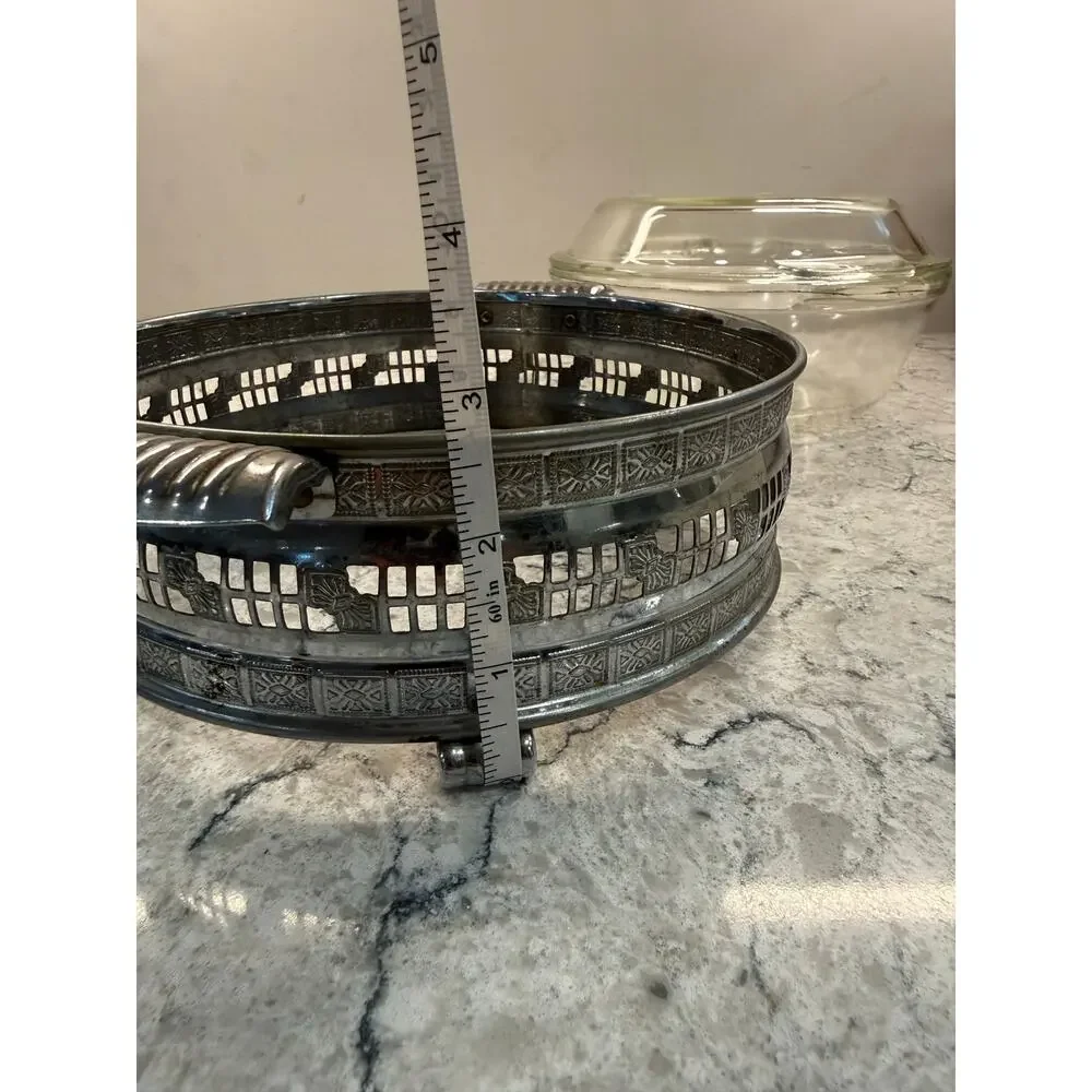 Vintage Pyrex Glass Casserole Dish  w Silver-plated Metal Serving Stand
